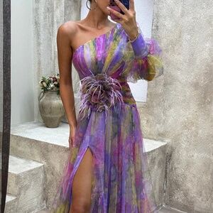 Tulle Floral Pleated One Shoulder Sleeve